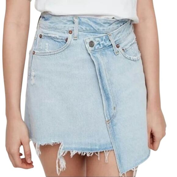 A GOLD E Criss Cross Broken Denim Skirt 28 Distressed Fray Hem Destroyed Grunge - Picture 1 of 14